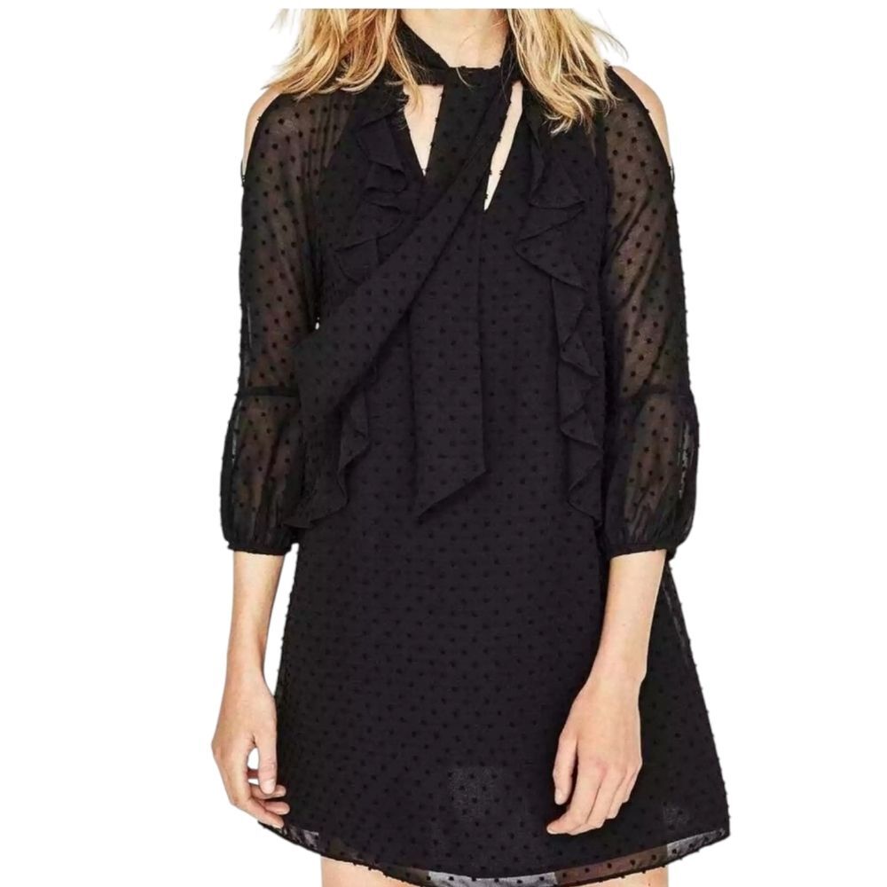 Zara Plumetis Dress Bow Neckline Black Swiss Dot Size X-Small